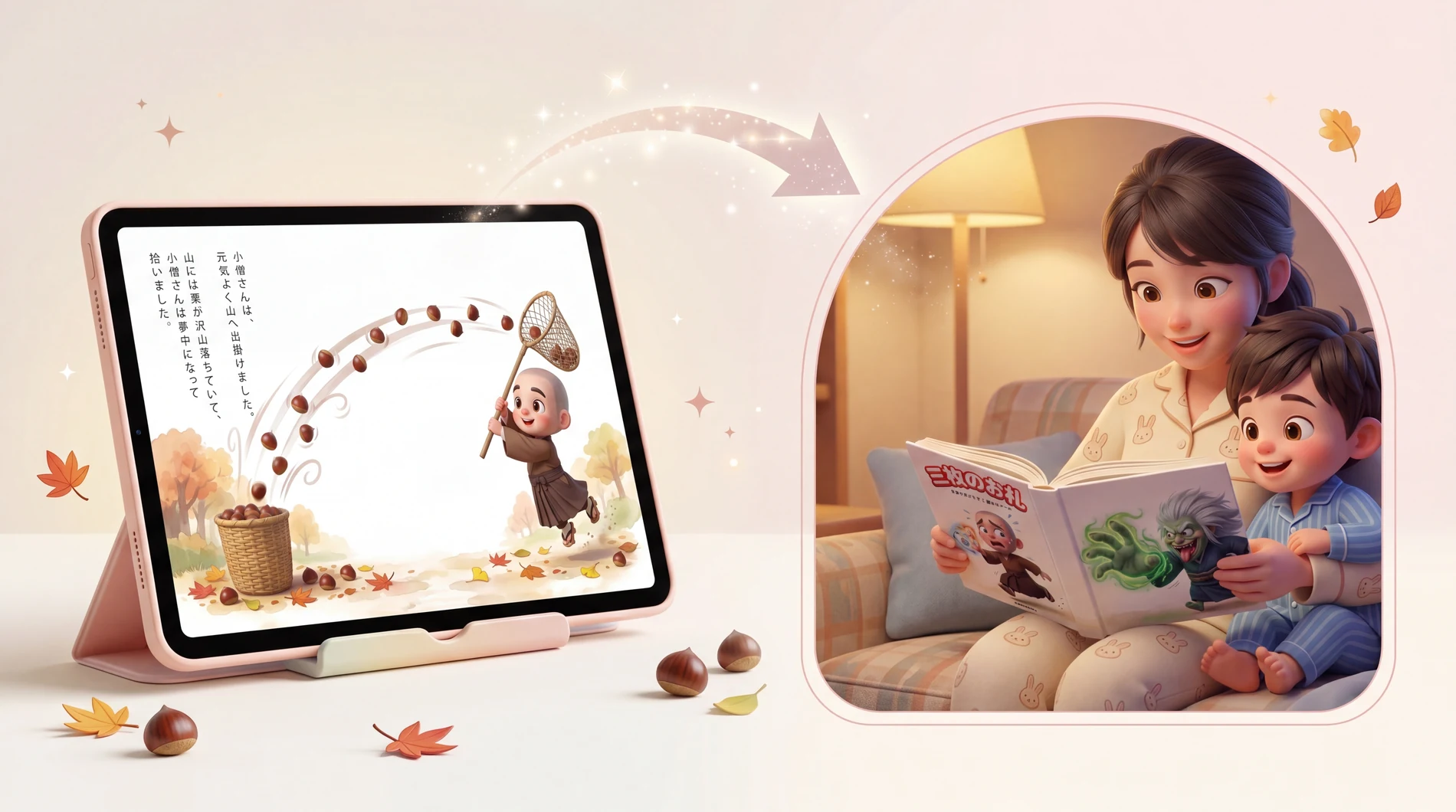 タブレットのえほんから、ねる前のひざの上へ